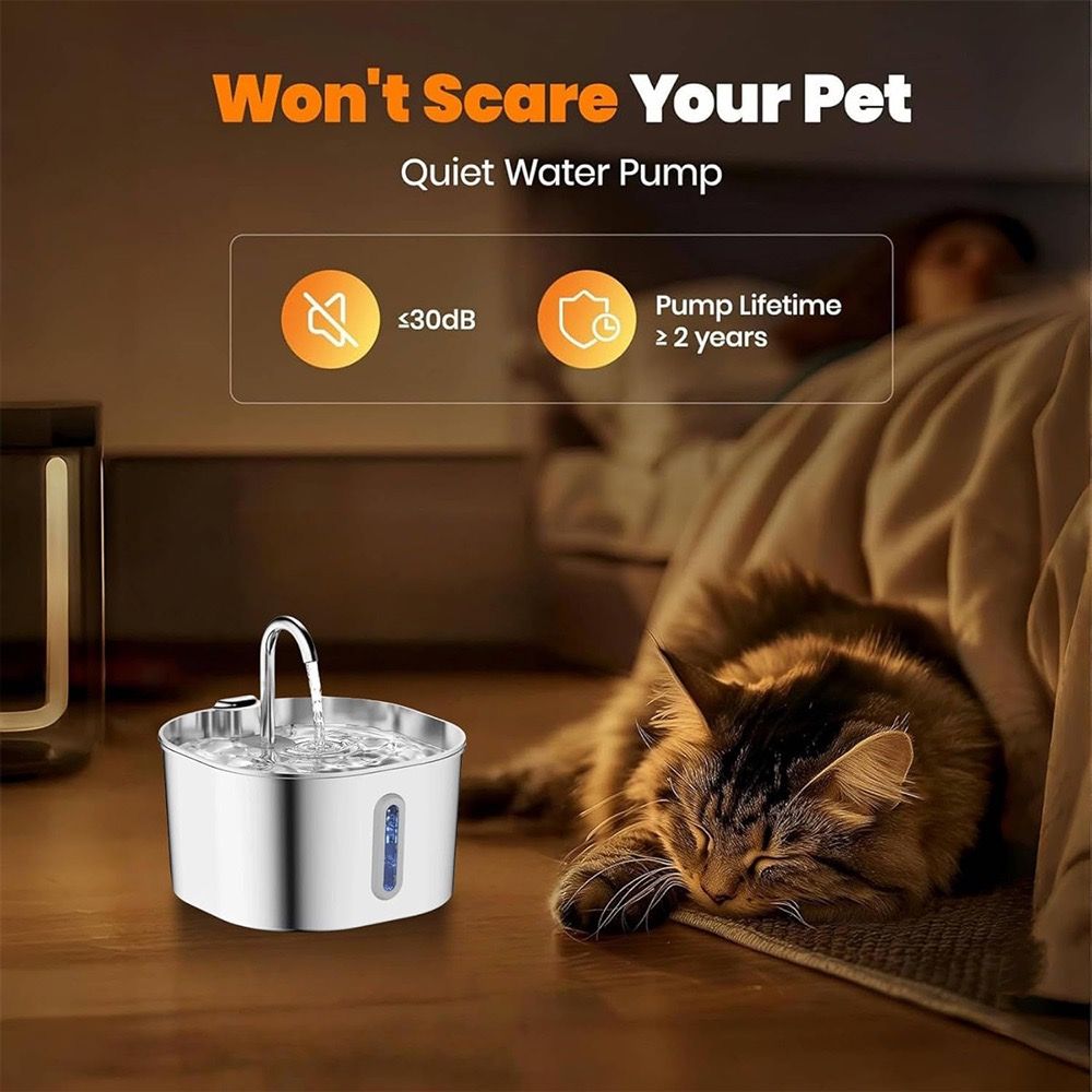 304 Stainless Steel Pet Water Fountain, 2.2L Quiet Drinking Dispenser with Dual Flow Modes, Multi-Stage Filtration for Cats & Small Dogs, USB Powered (B1)
