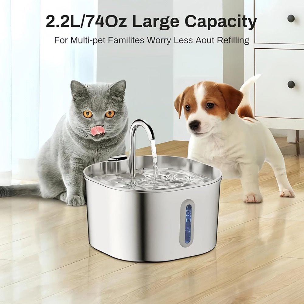 304 Stainless Steel Pet Water Fountain, 2.2L Quiet Drinking Dispenser with Dual Flow Modes, Multi-Stage Filtration for Cats & Small Dogs, USB Powered (B2)