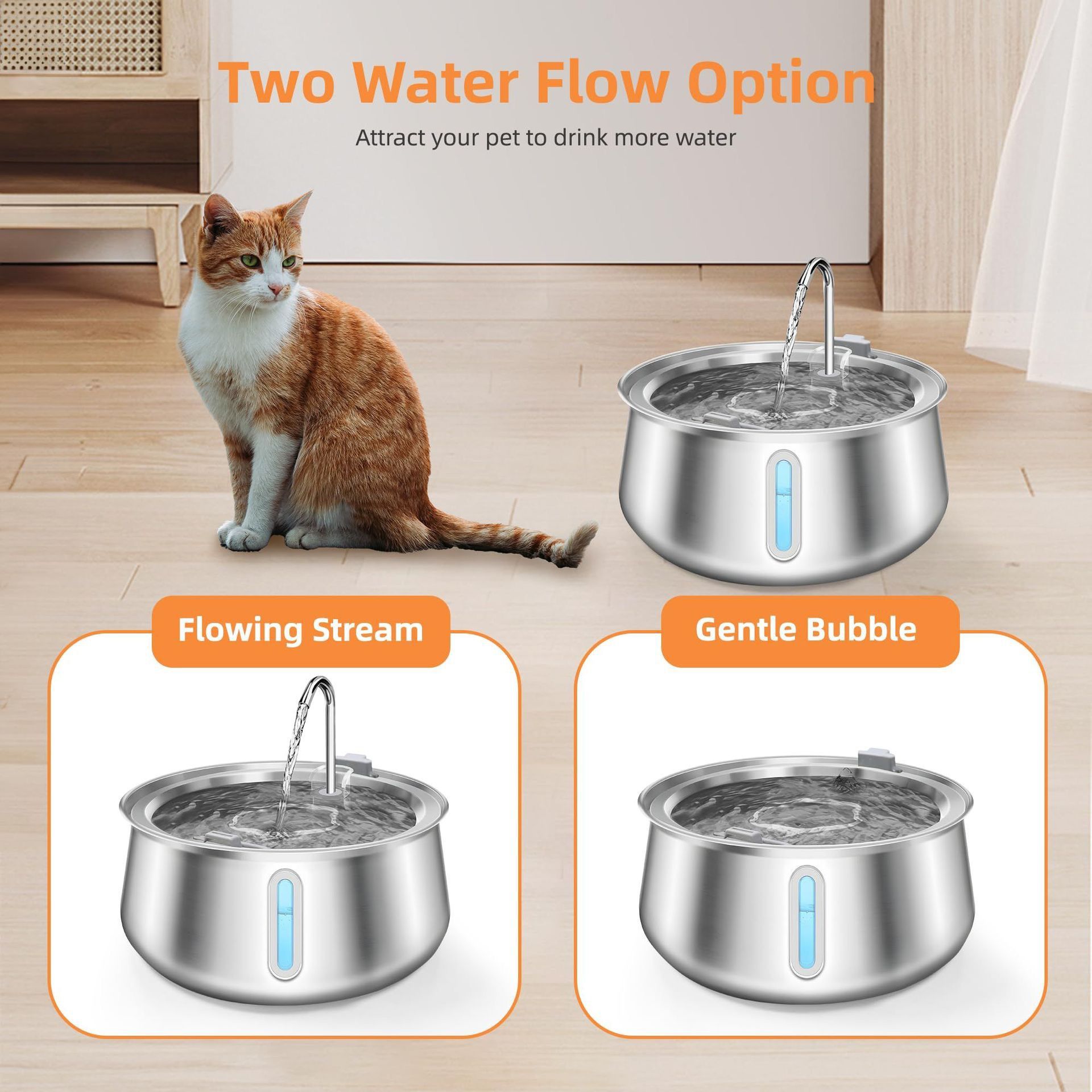 304 Stainless Steel Automatic Pet Water Fountain, 4L Cat Water Dispenser with Transparent Window, Dual Flow Modes, Activated Carbon Filter, Low Noise USB Pump for Indoor Cats and Dogs (C)