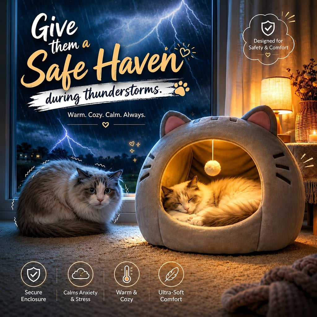 Cozy Semi-Enclosed Cat Cave Bed with Plush Toy Ball, 2-in-1 Convertible Design for Small Dogs and Rabbits, Soft Furry Shelter for Anxious Pets (L, Grey)