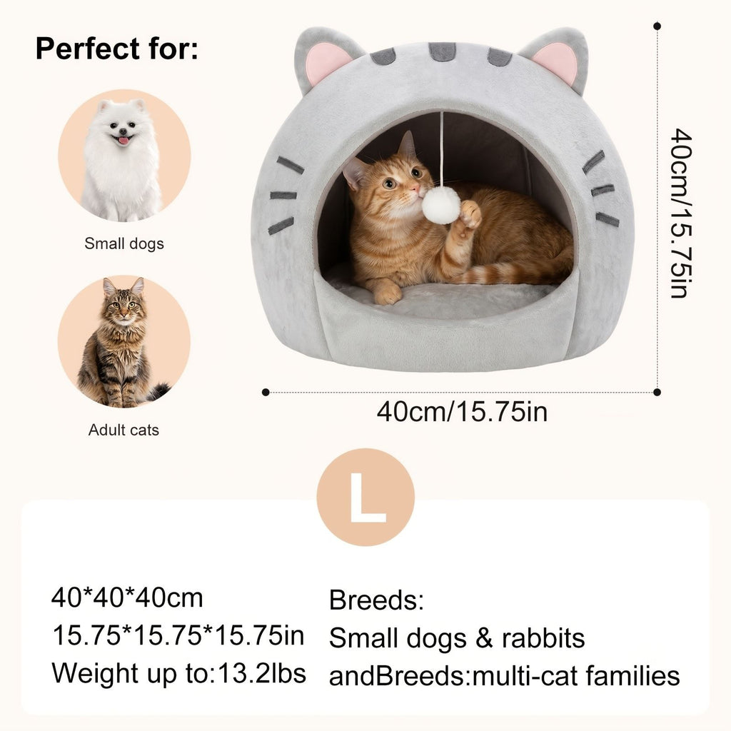 Cozy Semi-Enclosed Cat Cave Bed with Plush Toy Ball, 2-in-1 Convertible Design for Small Dogs and Rabbits, Soft Furry Shelter for Anxious Pets (L, Grey)