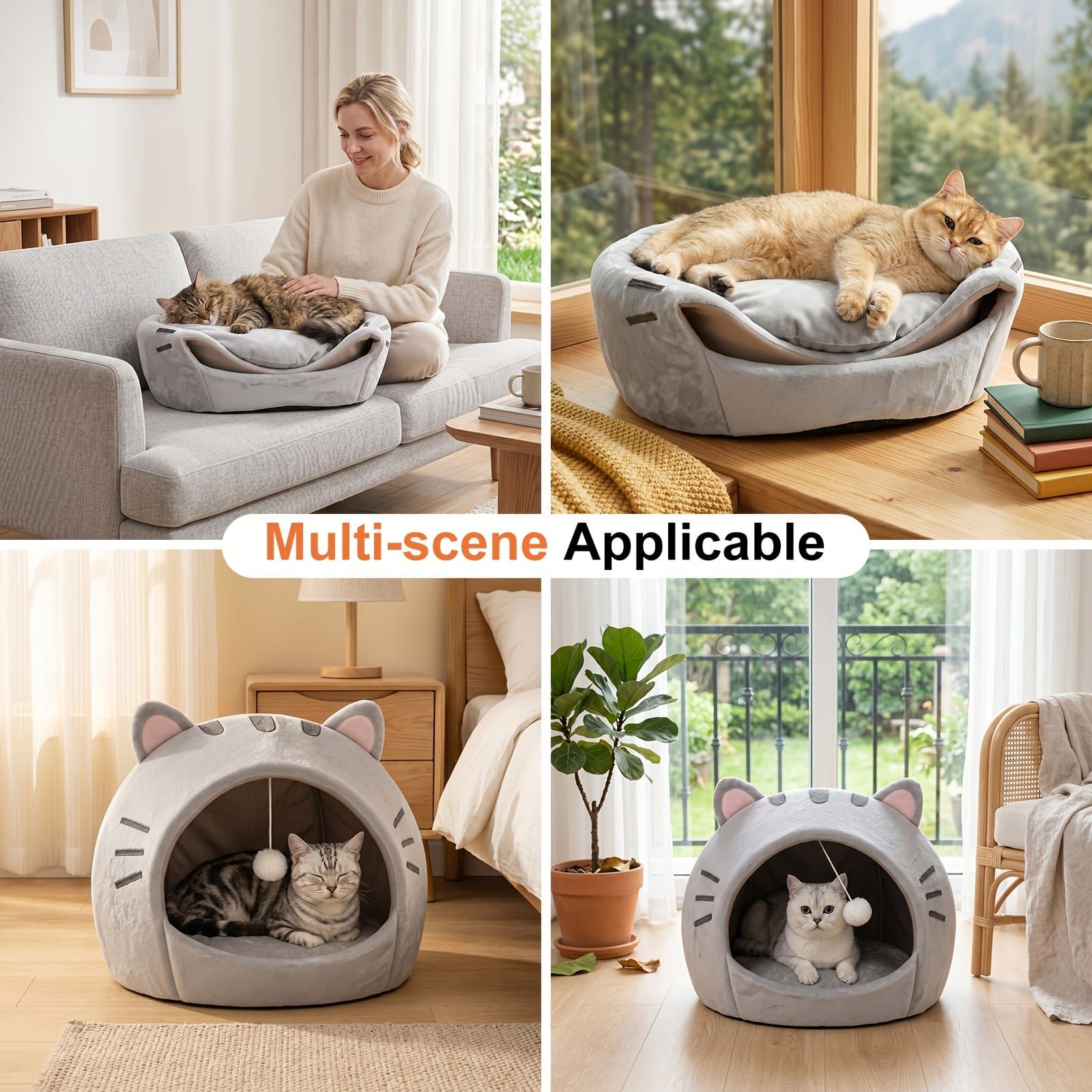 Cozy Semi-Enclosed Cat Cave Bed with Plush Toy Ball, 2-in-1 Convertible Design for Small Dogs and Rabbits, Soft Furry Shelter for Anxious Pets (L, Grey)