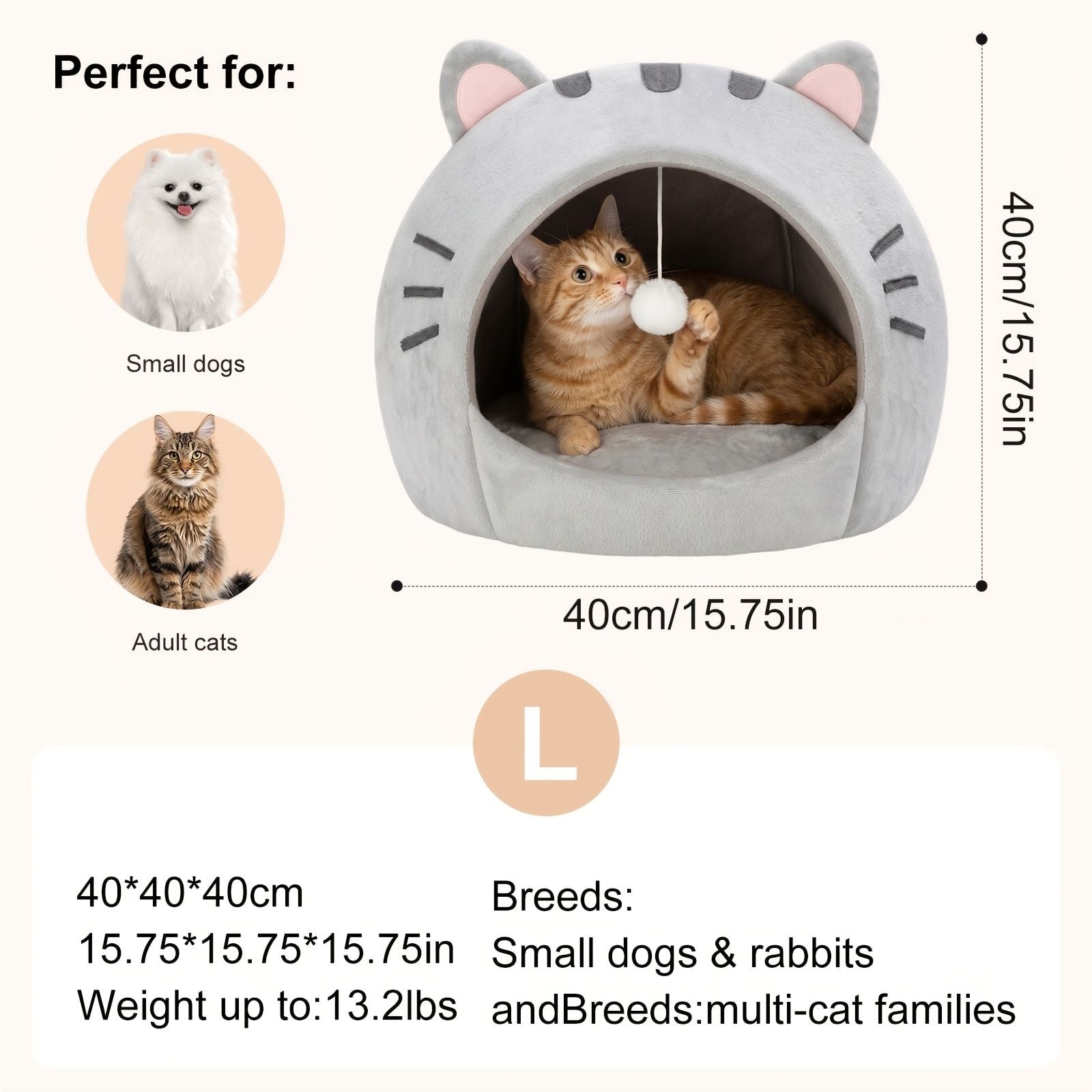 Cozy Semi-Enclosed Cat Cave Bed with Plush Toy Ball, 2-in-1 Convertible Design for Small Dogs and Rabbits, Soft Furry Shelter for Anxious Pets (M, Grey)