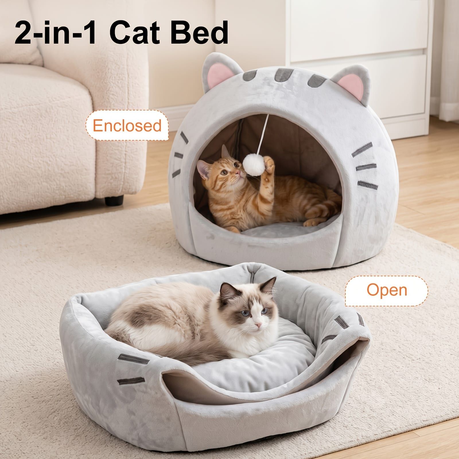 Cozy Semi-Enclosed Cat Cave Bed with Plush Toy Ball, 2-in-1 Convertible Design for Small Dogs and Rabbits, Soft Furry Shelter for Anxious Pets (S, Grey)