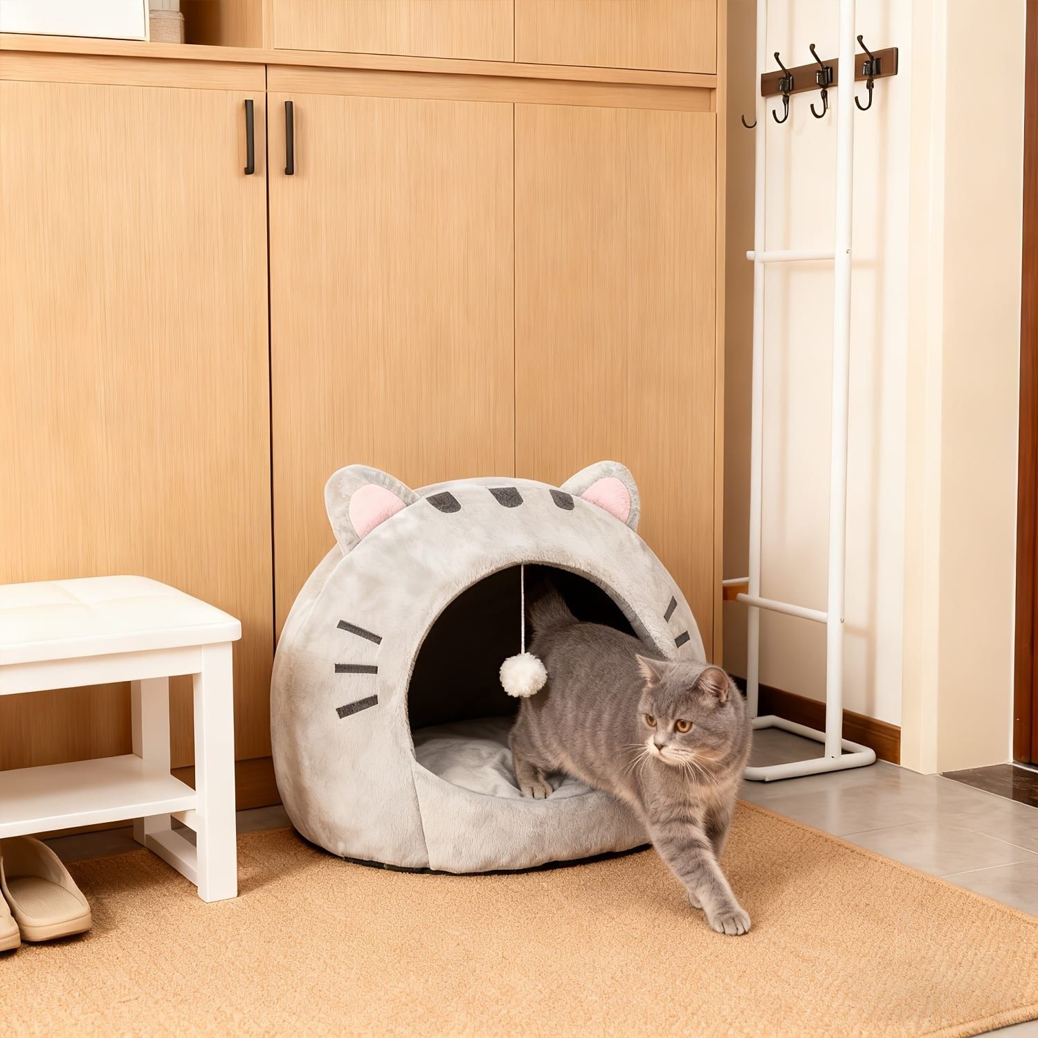 Cozy Semi-Enclosed Cat Cave Bed with Plush Toy Ball, 2-in-1 Convertible Design for Small Dogs and Rabbits, Soft Furry Shelter for Anxious Pets (S, Grey)