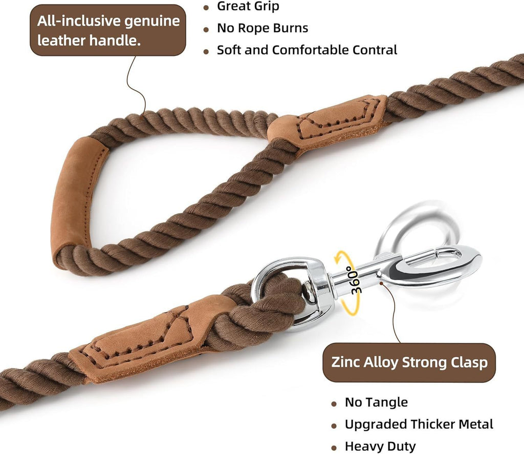 Classic Braided Dog Leash with Genuine Leather Handle and Heavy Duty Metal Clasp for Outdoor Walking, Training, and Control of Medium to Large Breeds (123cm, Brown)