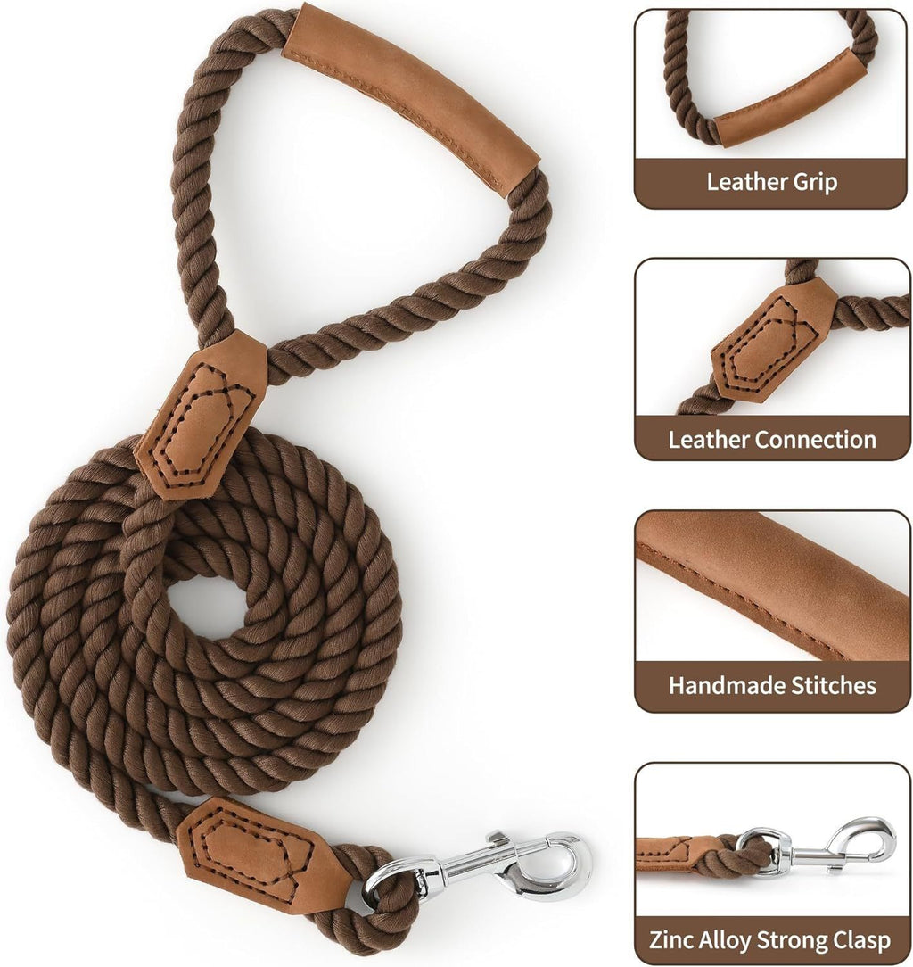 Classic Braided Dog Leash with Genuine Leather Handle and Heavy Duty Metal Clasp for Outdoor Walking, Training, and Control of Medium to Large Breeds (123cm, Brown)