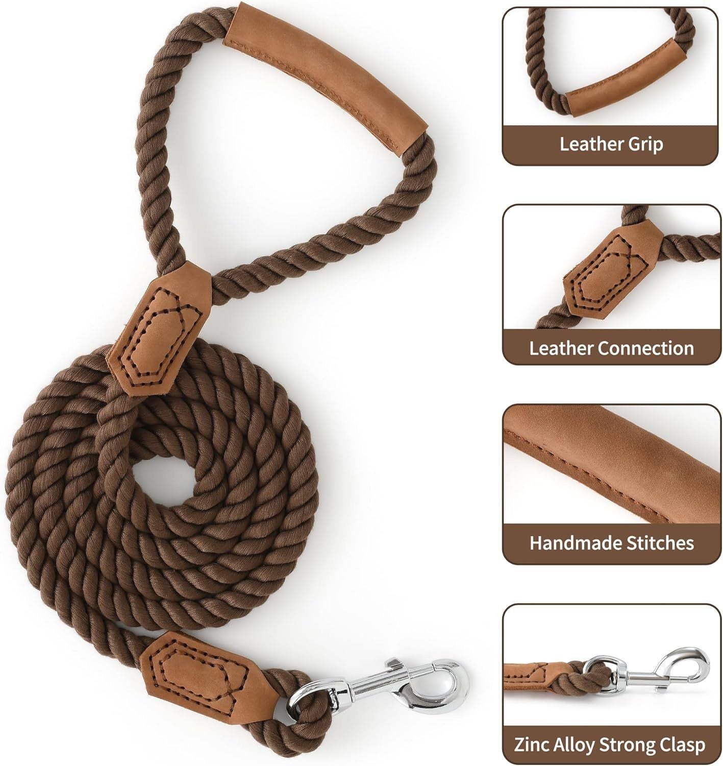 Classic Braided Dog Leash with Genuine Leather Handle and Heavy Duty Metal Clasp for Outdoor Walking, Training, and Control of Medium to Large Breeds (183cm, Brown)