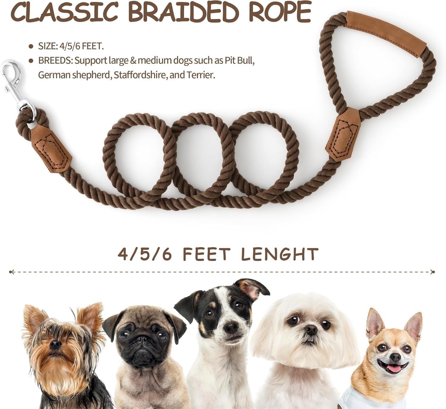 Classic Braided Dog Leash with Genuine Leather Handle and Heavy Duty Metal Clasp for Outdoor Walking, Training, and Control of Medium to Large Breeds (183cm, Brown)