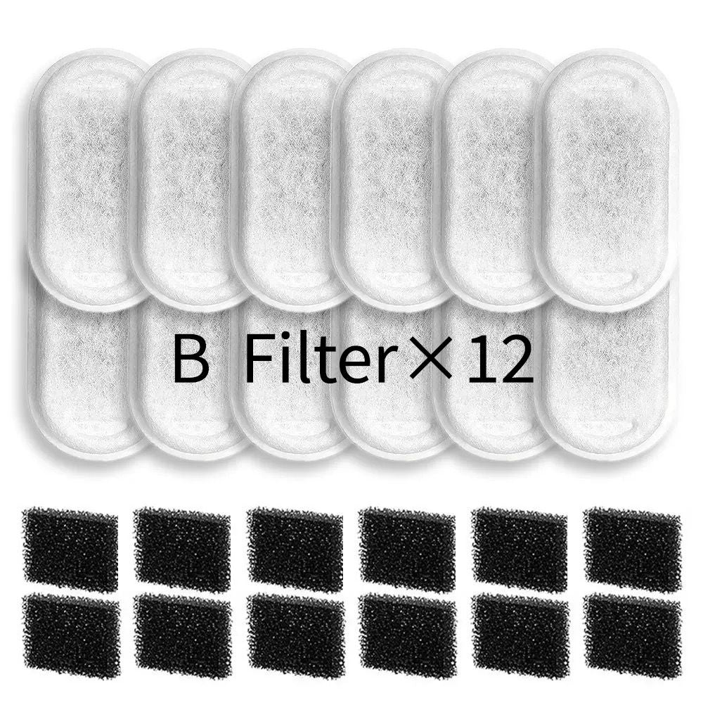 Replacement Pet Water Fountain Filter Kit with Runway Filter, Round Foam, and Square Activated Carbon Pad for Clean, Fresh Drinking Water for Cats and Dogs (A Filter×12)