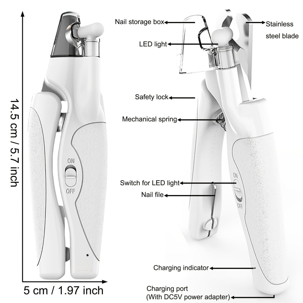 Professional Rechargeable Pet Nail Clipper with LED Light for Cats and Dogs, Safe Trimming and Filing Tool with Safety Lock and Nail Catcher, (White)