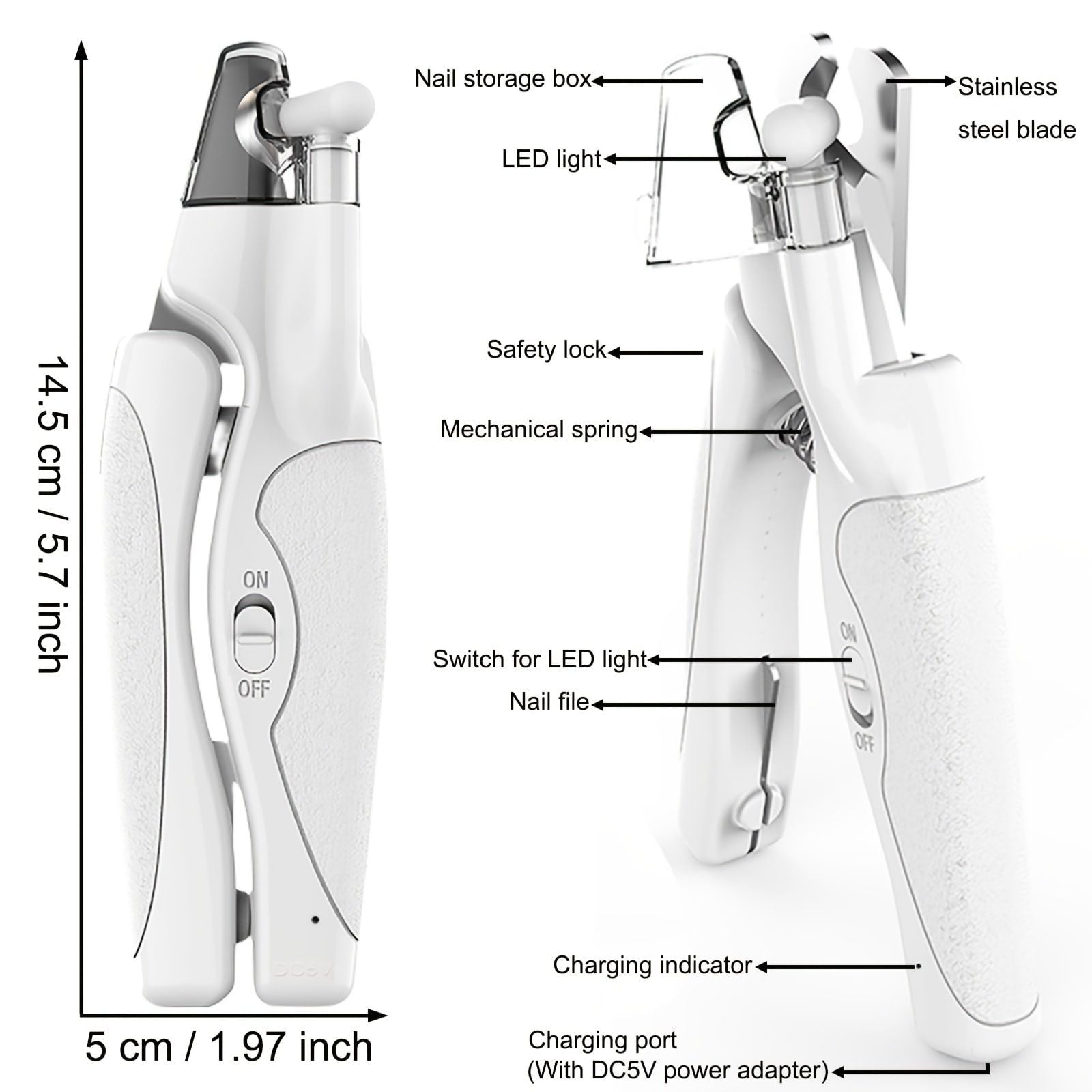 Professional Rechargeable Pet Nail Clipper with LED Light for Cats and Dogs, Safe Trimming and Filing Tool with Safety Lock and Nail Catcher, (White)