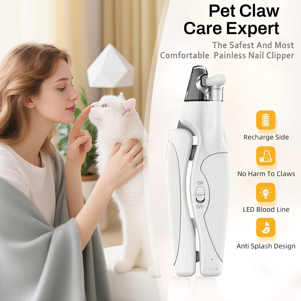 Professional Rechargeable Pet Nail Clipper with LED Light for Cats and Dogs, Safe Trimming and Filing Tool with Safety Lock and Nail Catcher, (White)