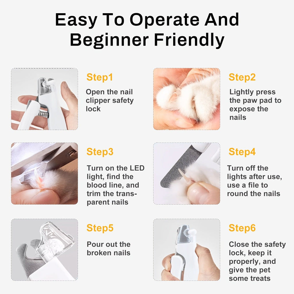 Professional Rechargeable Pet Nail Clipper with LED Light for Cats and Dogs, Safe Trimming and Filing Tool with Safety Lock and Nail Catcher, (White)