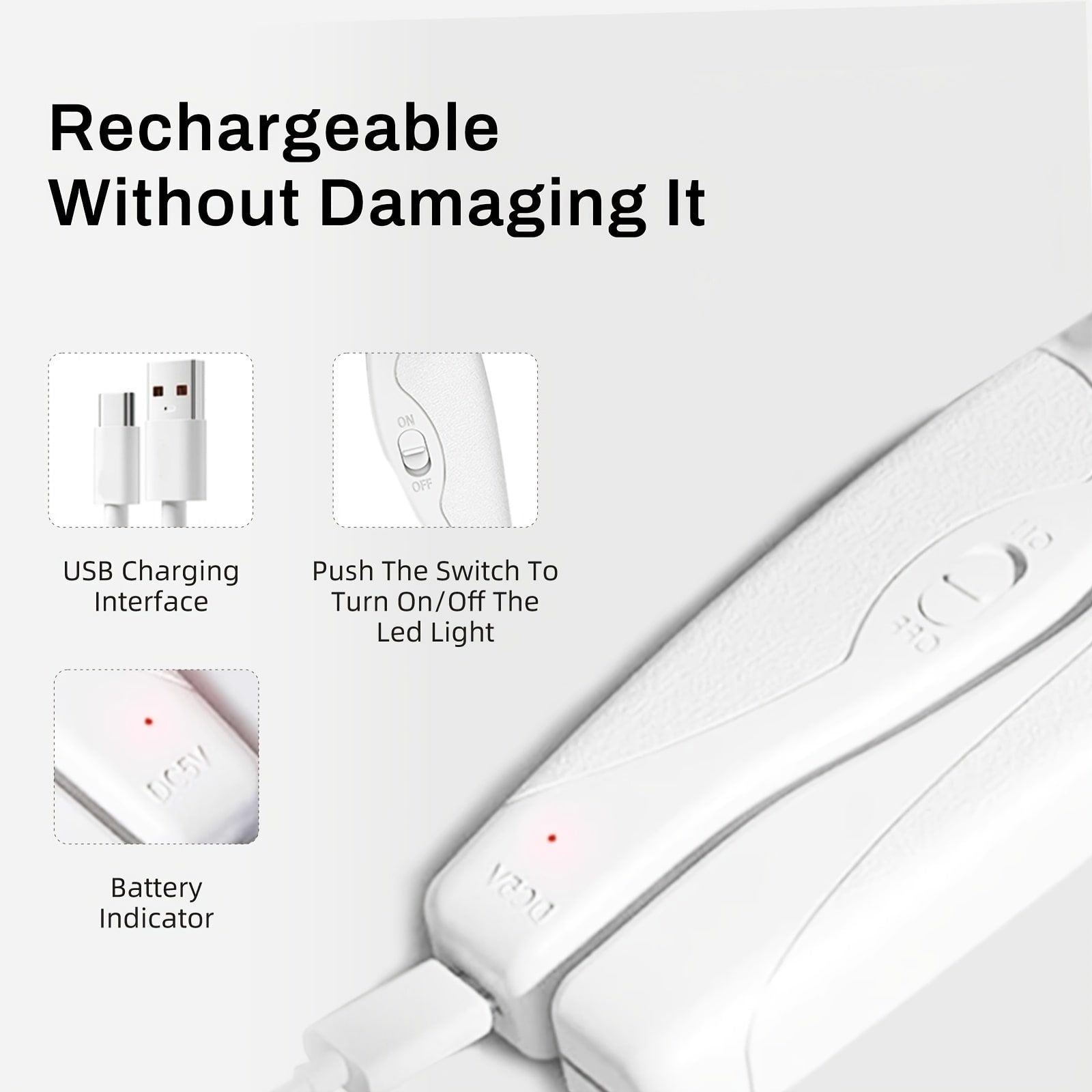Professional Rechargeable Pet Nail Clipper with LED Light for Cats and Dogs, Safe Trimming and Filing Tool with Safety Lock and Nail Catcher, (White)