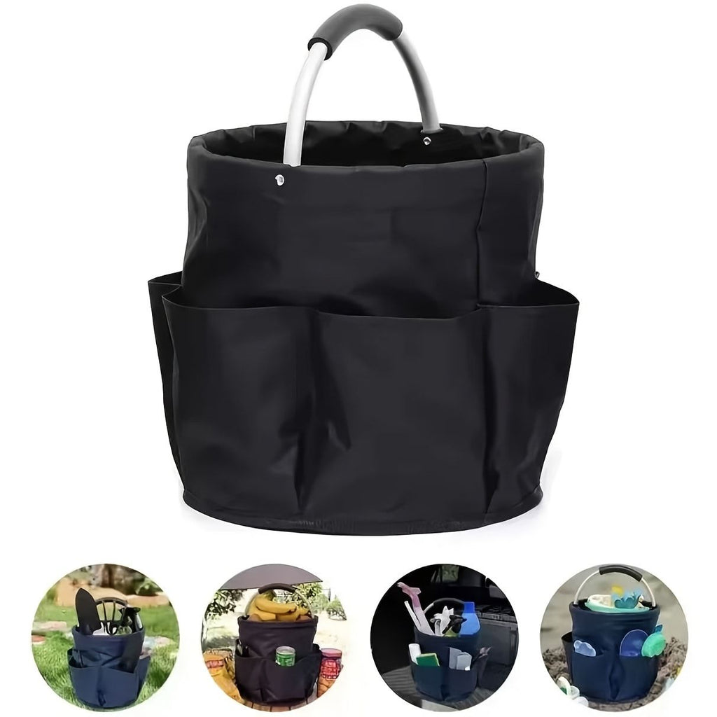 Foldable Carry-All Tote with Handle and Multiple Pockets – Portable Collapsible Laundry Basket for Outdoor Travel, Camping, Picnic, Beach, and Home Organization (Black)