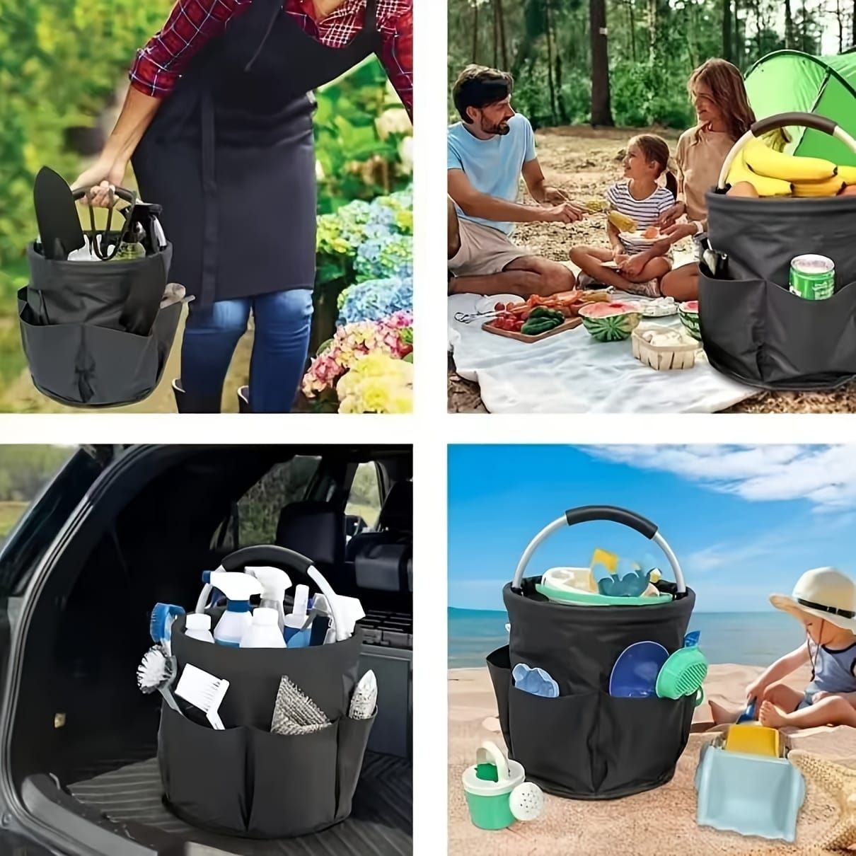Foldable Carry-All Tote with Handle and Multiple Pockets – Portable Collapsible Laundry Basket for Outdoor Travel, Camping, Picnic, Beach, and Home Organization (DarkGreen)