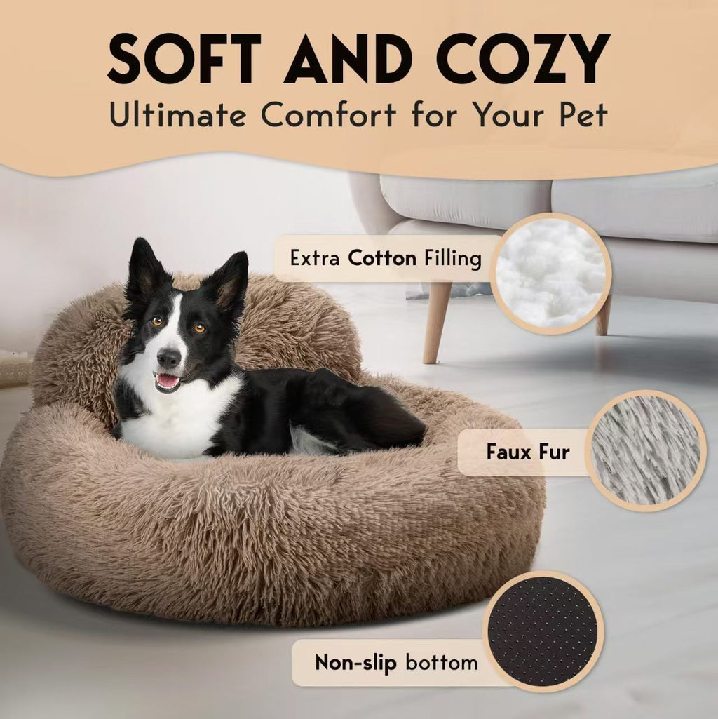 Cozy Plush Donut Pet Bed with Raised Rim, Washable Faux Fur Cat & Dog Couch, Winter Warm Supportive Nest for Small to Large Breeds (L, Pink)