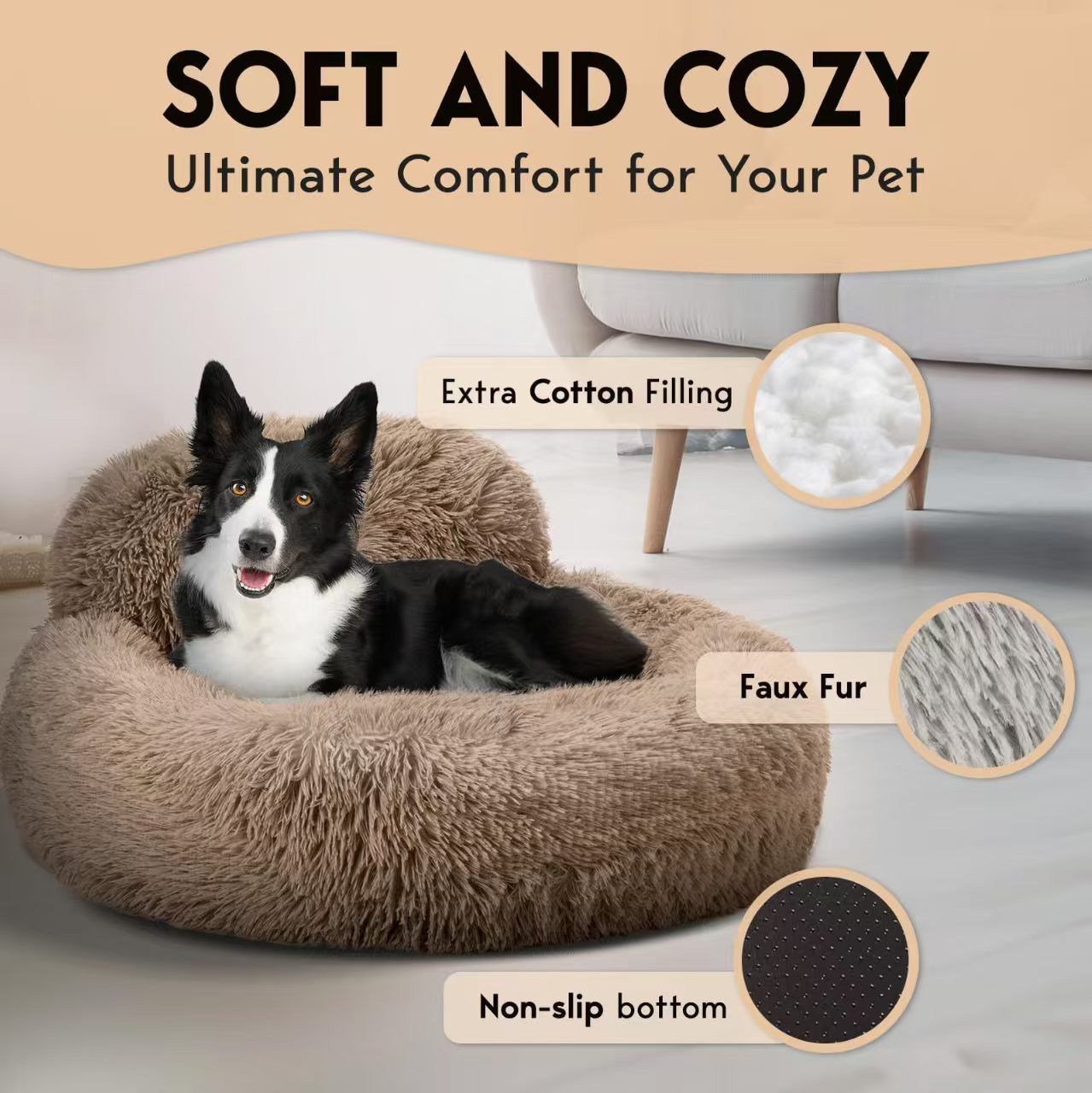 Cozy Plush Donut Pet Bed with Raised Rim, Washable Faux Fur Cat & Dog Couch, Winter Warm Supportive Nest for Small to Large Breeds (L, Pink)