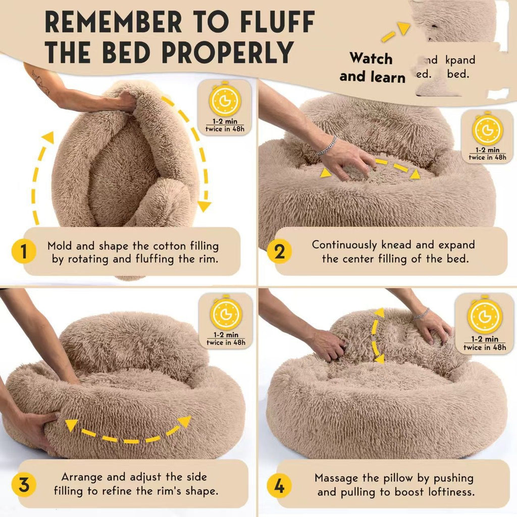 Cozy Plush Donut Pet Bed with Raised Rim, Washable Faux Fur Cat & Dog Couch, Winter Warm Supportive Nest for Small to Large Breeds (L, Pink)