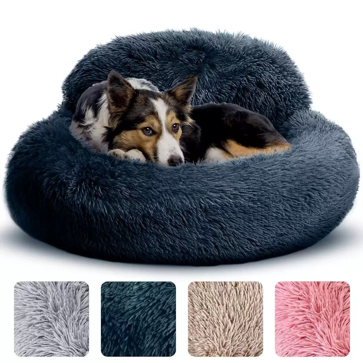 Cozy Plush Donut Pet Bed with Raised Rim, Washable Faux Fur Cat & Dog Couch, Winter Warm Supportive Nest for Small to Large Breeds (M, Silver)