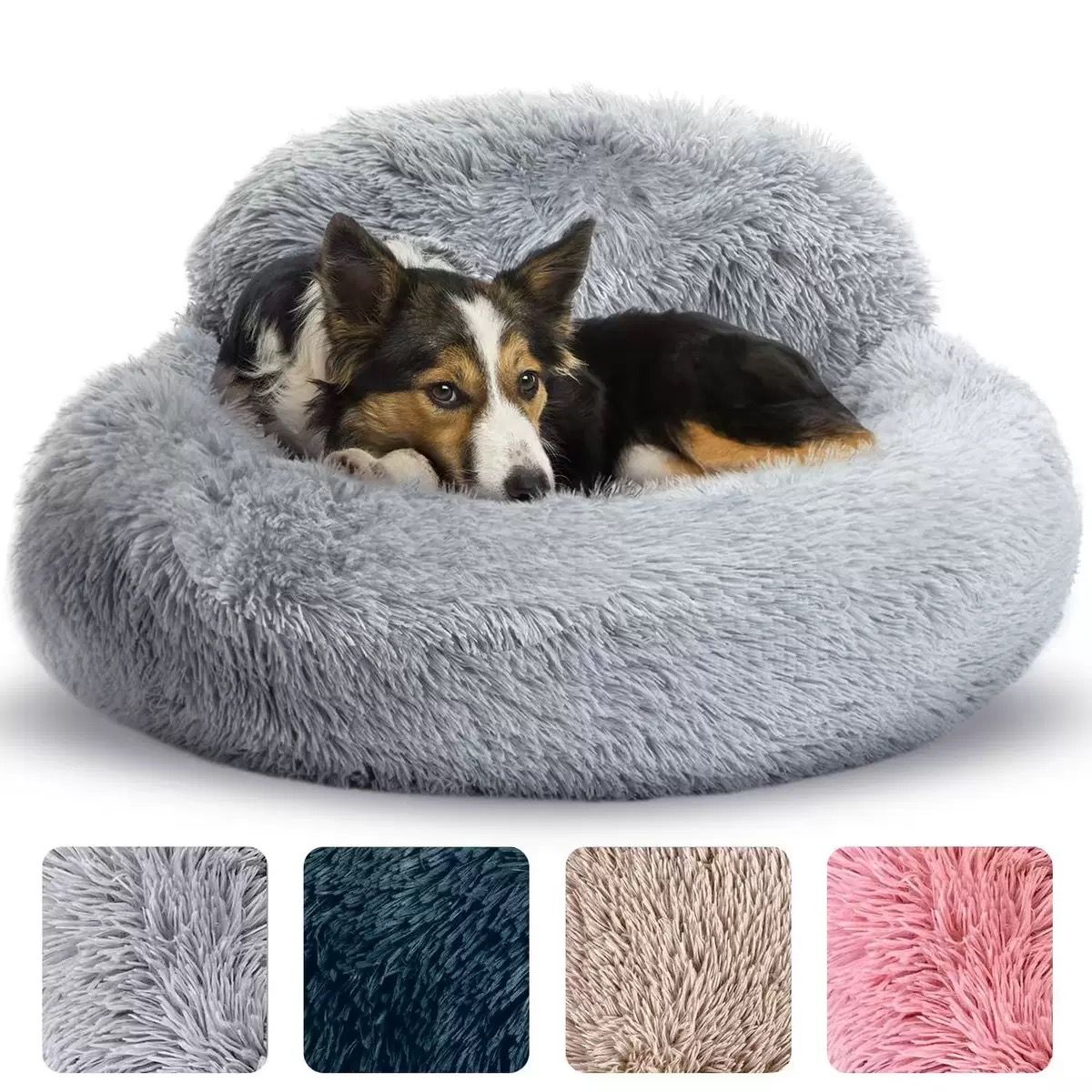 Cozy Plush Donut Pet Bed with Raised Rim, Washable Faux Fur Cat & Dog Couch, Winter Warm Supportive Nest for Small to Large Breeds (S, Brown)