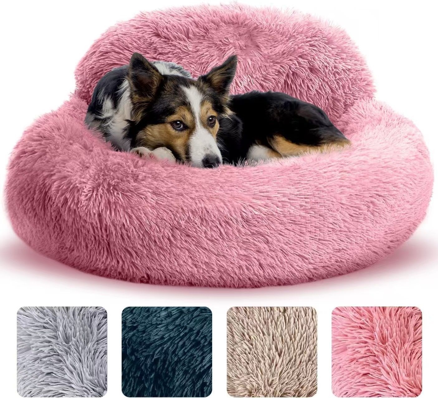 Cozy Plush Donut Pet Bed with Raised Rim, Washable Faux Fur Cat & Dog Couch, Winter Warm Supportive Nest for Small to Large Breeds (S, Brown)