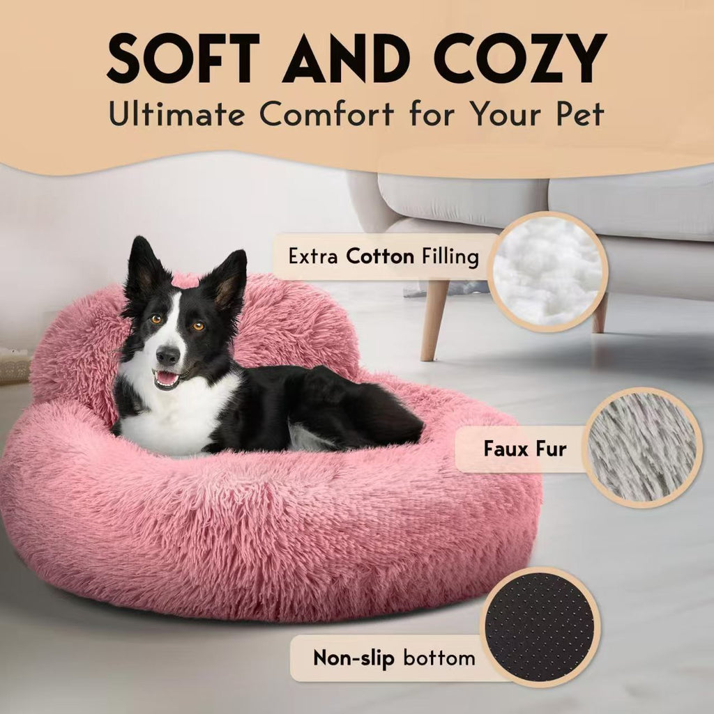 Cozy Plush Donut Pet Bed with Raised Rim, Washable Faux Fur Cat & Dog Couch, Winter Warm Supportive Nest for Small to Large Breeds (S, Pink)