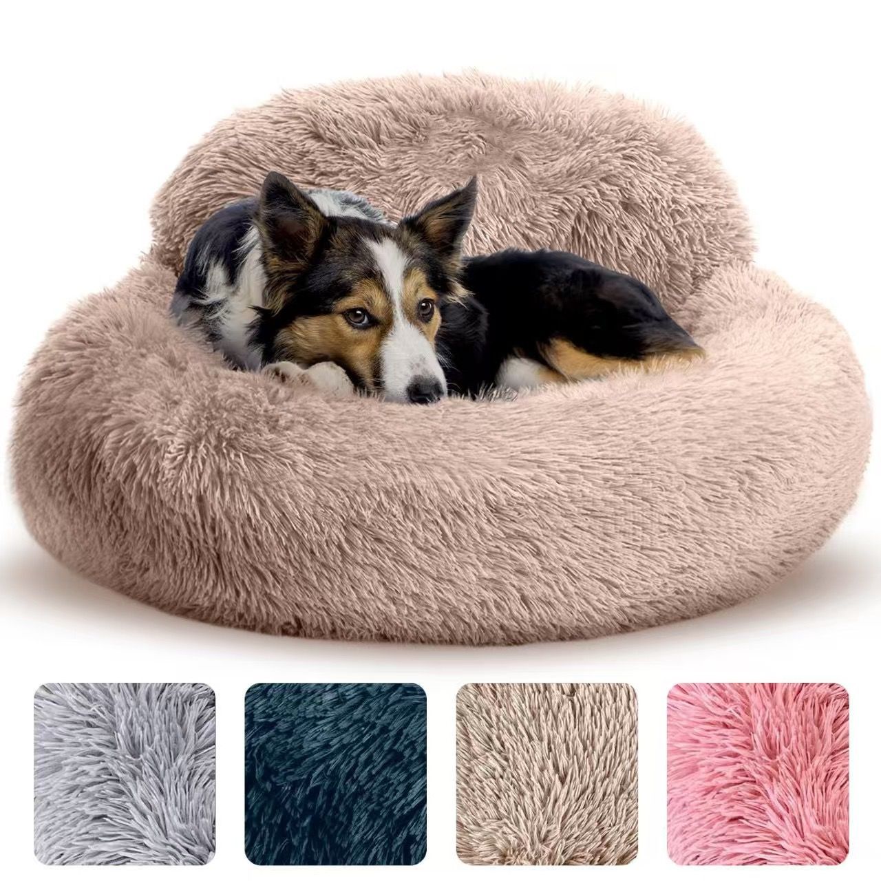 Cozy Plush Donut Pet Bed with Raised Rim, Washable Faux Fur Cat & Dog Couch, Winter Warm Supportive Nest for Small to Large Breeds (S, Pink)