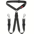 Dual-Head Pet Car Seat Belt with 360° Swivel Tangle-Free Leash for Two Dogs - Adjustable Safety Restraint for Car Travel and Outdoor Walking, Reflective Nylon Webbing (Black)