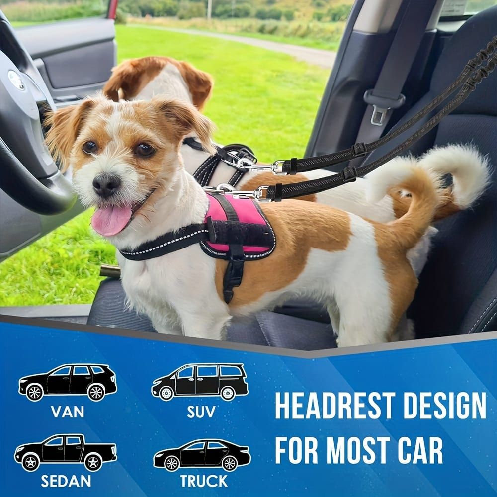 Dual-Head Pet Car Seat Belt with 360° Swivel Tangle-Free Leash for Two Dogs - Adjustable Safety Restraint for Car Travel and Outdoor Walking, Reflective Nylon Webbing (Black)