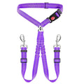 Dual-Head Pet Car Seat Belt with 360° Swivel Tangle-Free Leash for Two Dogs - Adjustable Safety Restraint for Car Travel and Outdoor Walking, Reflective Nylon Webbing (Purple)