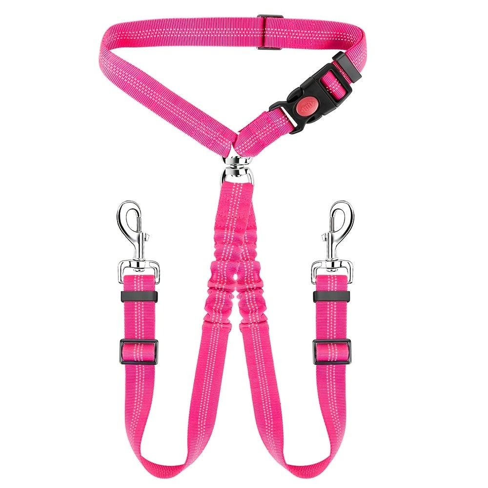 Dual-Head Pet Car Seat Belt with 360° Swivel Tangle-Free Leash for Two Dogs - Adjustable Safety Restraint for Car Travel and Outdoor Walking, Reflective Nylon Webbing (Red)