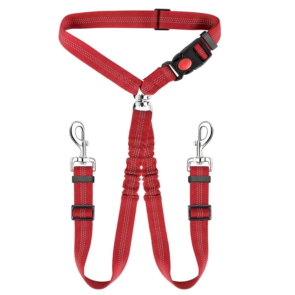 Dual-Head Pet Car Seat Belt with 360° Swivel Tangle-Free Leash for Two Dogs - Adjustable Safety Restraint for Car Travel and Outdoor Walking, Reflective Nylon Webbing (Rose)