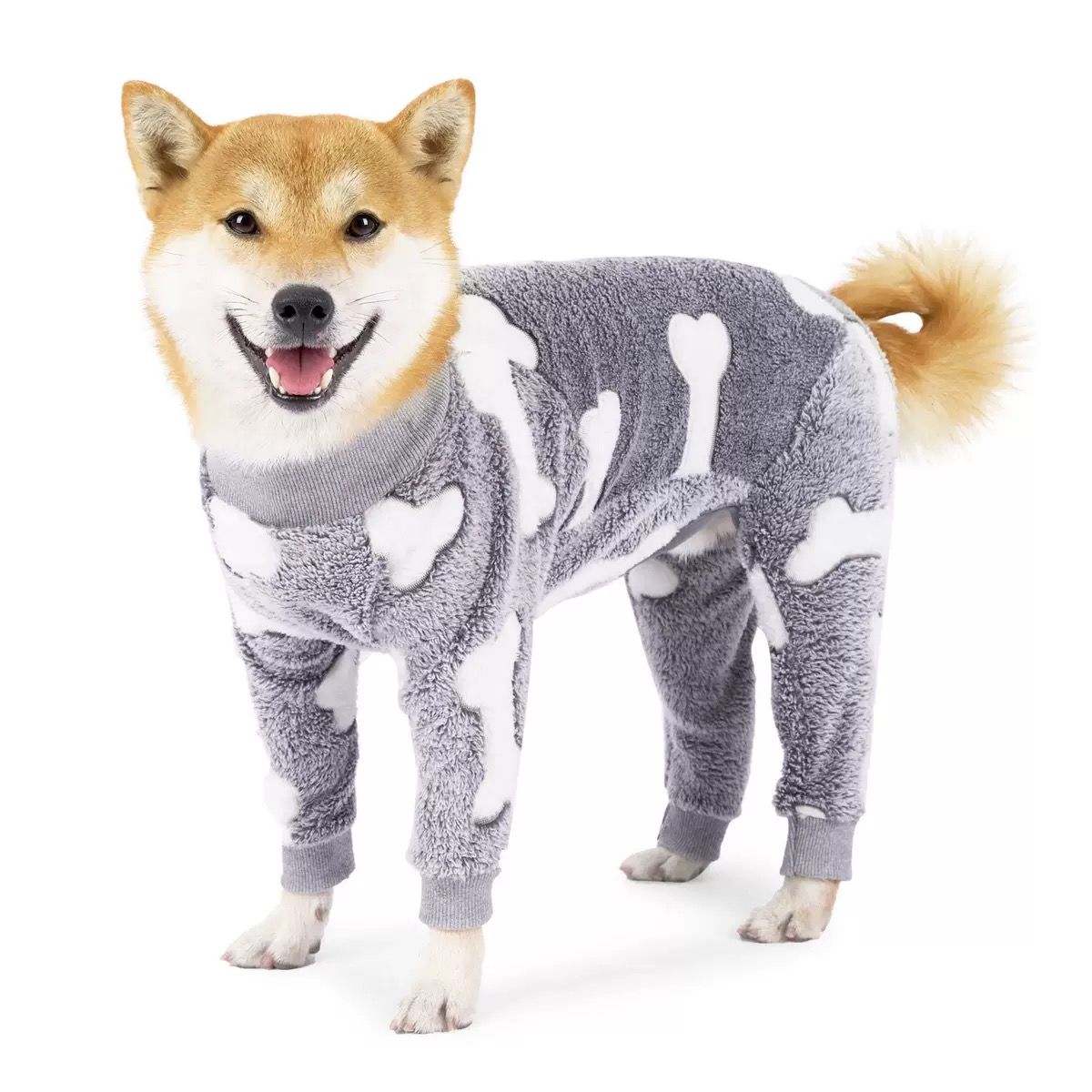 Cozy Winter Pet Fleece Four-Legged Bodysuit, Warm Flannel Full-Body Pajamas for Small to Medium Dogs, Star & Moon Print, Elastic Cuffs for Easy Wear (2XL, Grey)