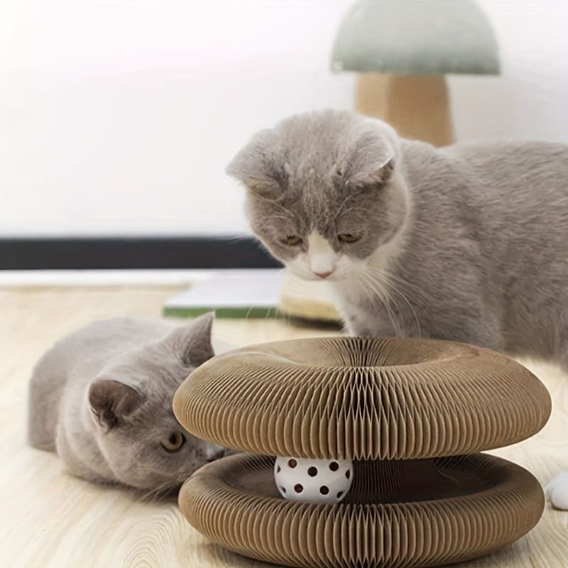 Transformable Magic Accordion Cat Scratcher Toy, Foldable Tunnel for Play and Rest, Interactive with Built-in Track Ball, for Indoor Cats (Brown)
