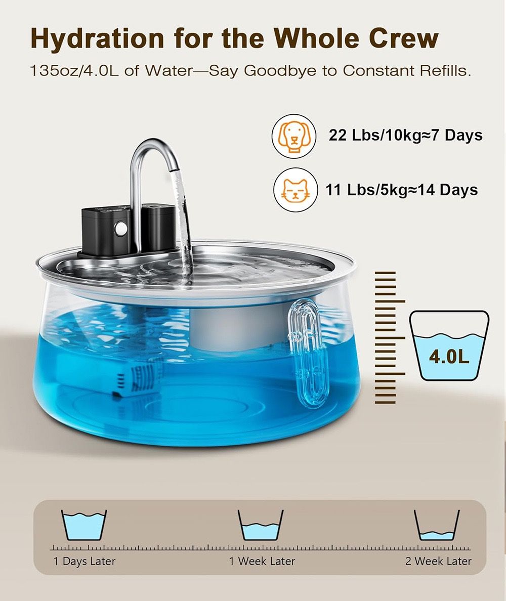 Wireless Pet Water Fountain with 4L Capacity, 304 Stainless Steel, Smart Sensor Water Circulation, Rechargeable Battery, and Type-C Charging for Cats and Dogs in Indoor Spaces (E1)