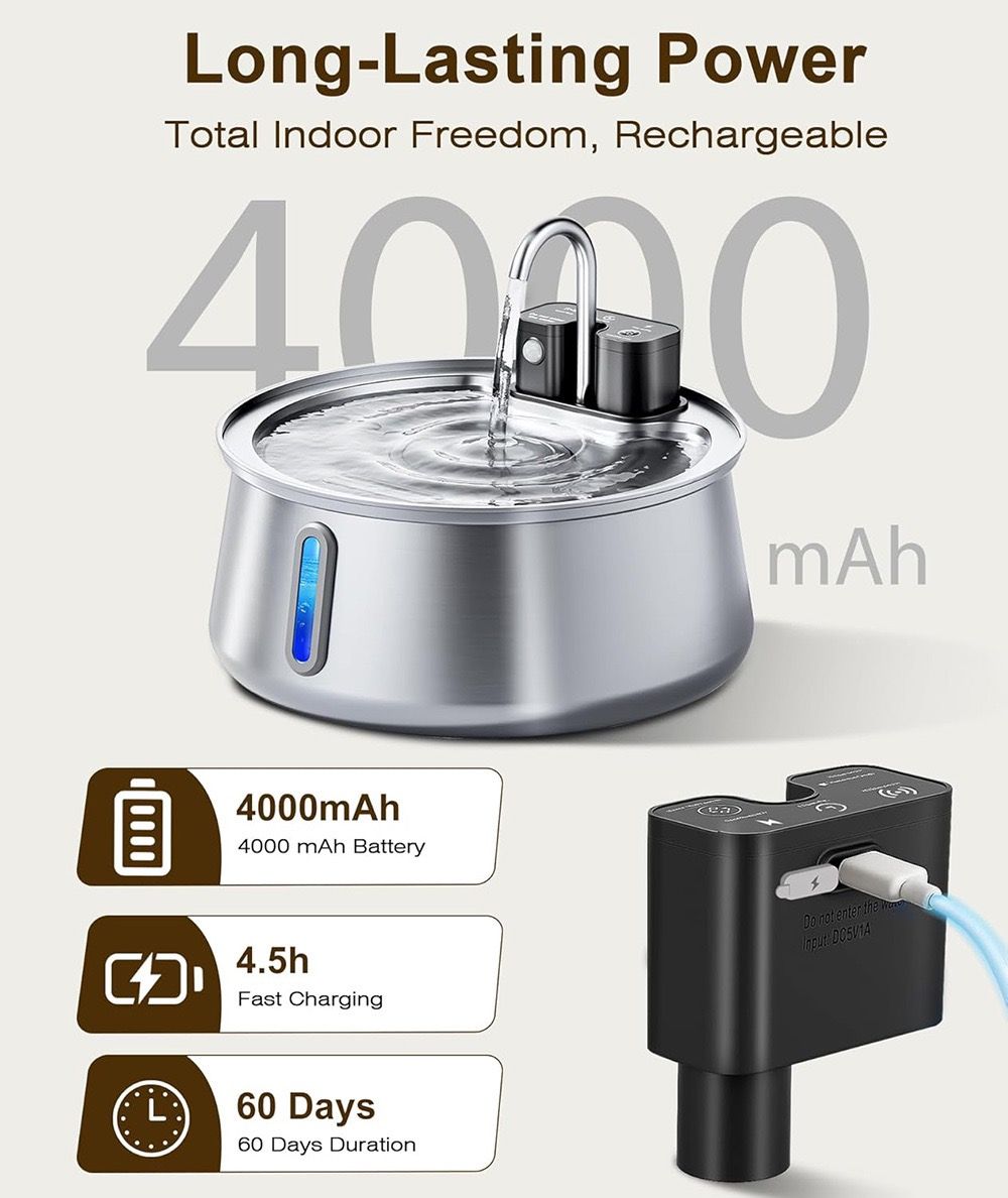 Wireless Pet Water Fountain with 4L Capacity, 304 Stainless Steel, Smart Sensor Water Circulation, Rechargeable Battery, and Type-C Charging for Cats and Dogs in Indoor Spaces (E2)