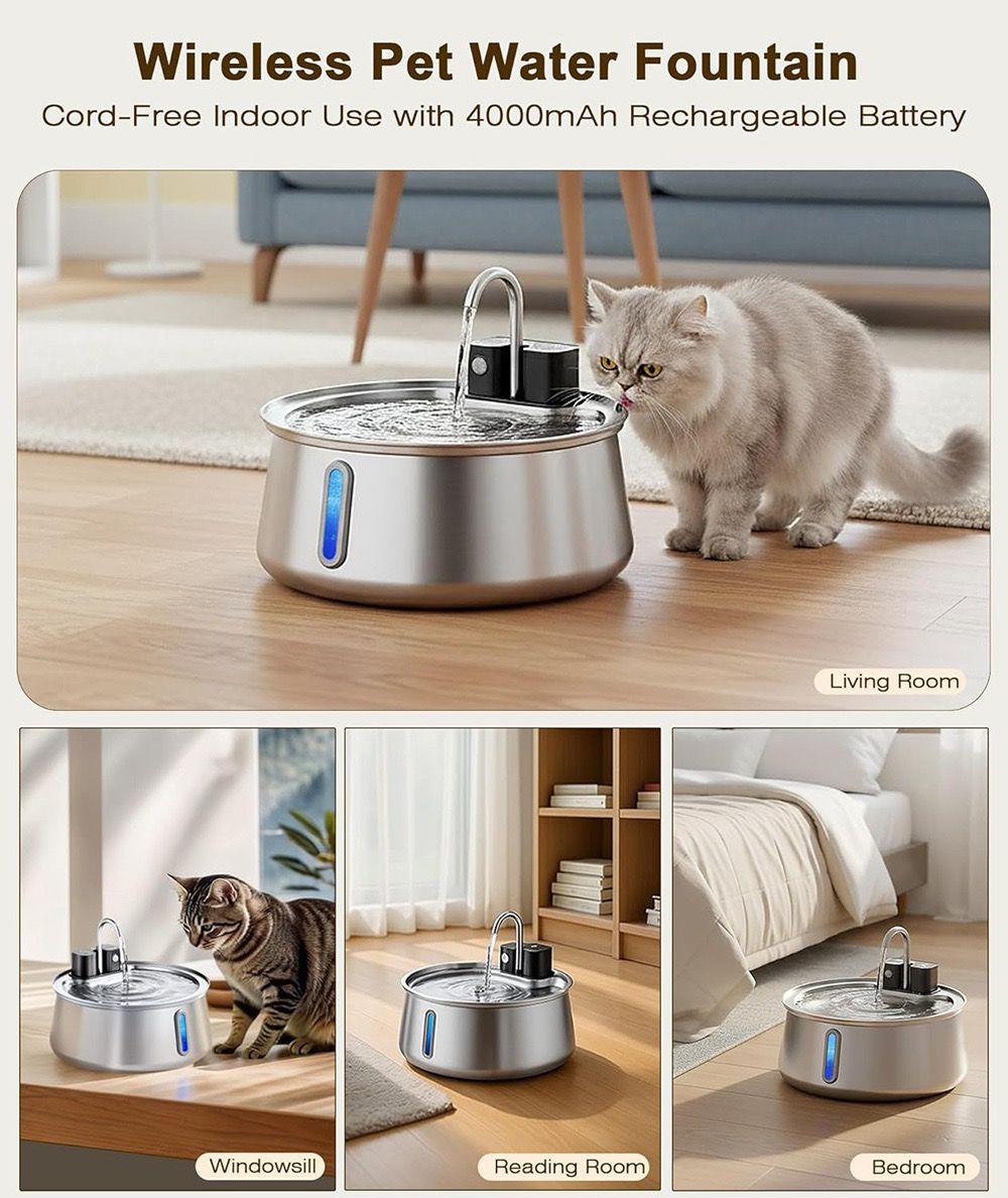 Wireless Pet Water Fountain with 4L Capacity, 304 Stainless Steel, Smart Sensor Water Circulation, Rechargeable Battery, and Type-C Charging for Cats and Dogs in Indoor Spaces (E2)