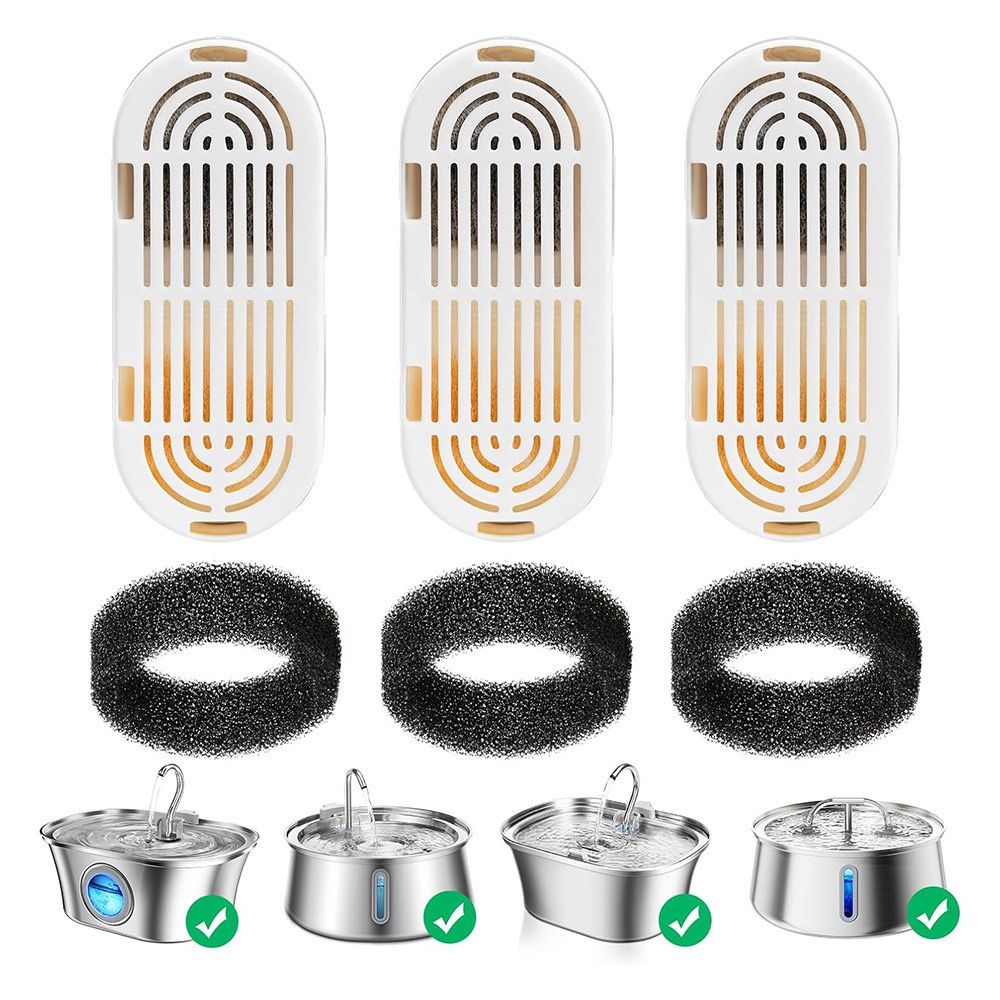 Replacement Filter Kit for Stainless Steel Pet Water Fountains – Activated Carbon & Ion-Exchange Resin 4-Layer Filtration, Removes Heavy Metals & Impurities, Compatible with Multiple Fountain Models (Filter×6)