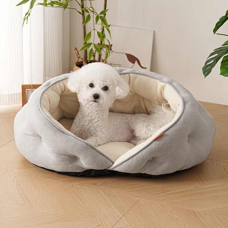 Semi-Enclosed Pet Bed with Plush Comfort and Anti-Slip Base – Ideal for Cats and Small to Medium Dogs Seeking a Cozy, Secure Sleep Spot for All Seasons (L, Blue)