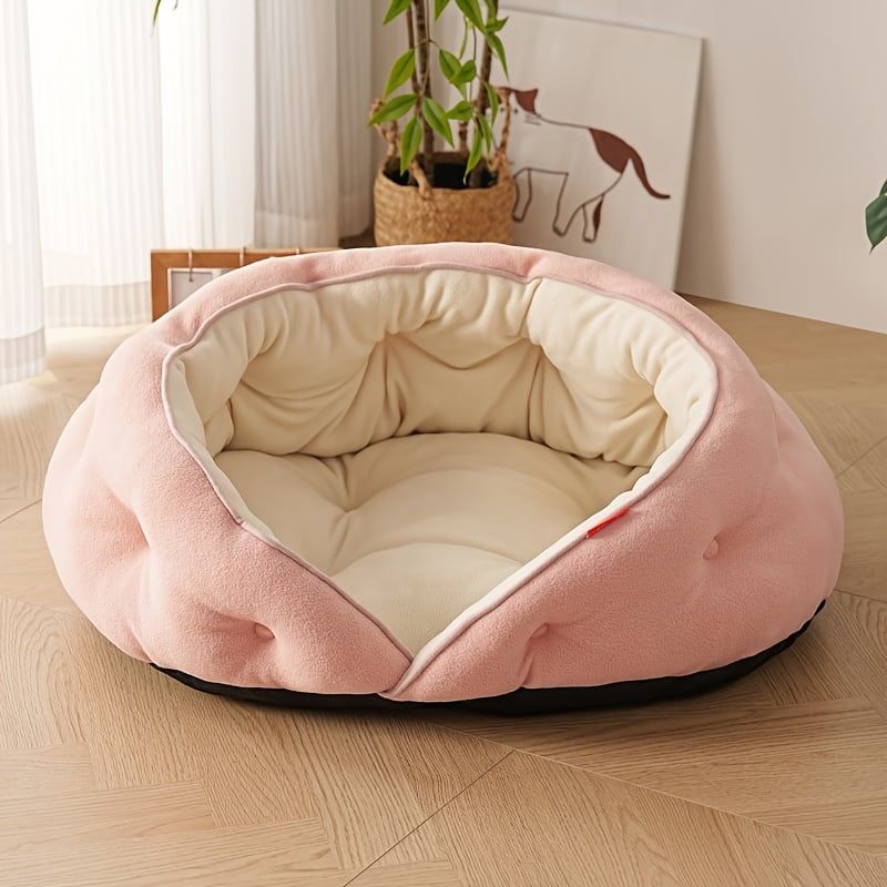 Semi-Enclosed Pet Bed with Plush Comfort and Anti-Slip Base – Ideal for Cats and Small to Medium Dogs Seeking a Cozy, Secure Sleep Spot for All Seasons (M, Blue)