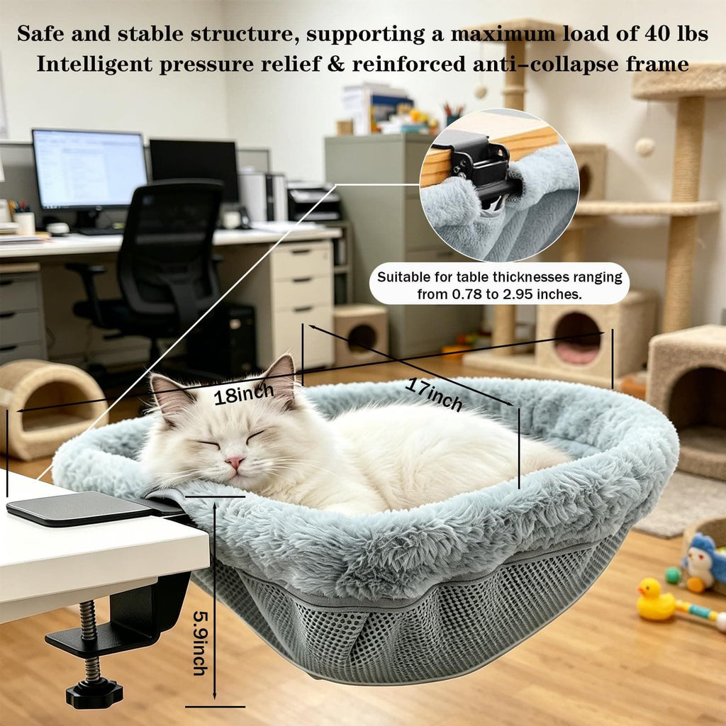 Adjustable Cat Hammock for Desk, Folding Cat Bed with Soft Faux Fur Liner and Breathable Mesh, Clip-On Perch for Office, Gaming, Dining Table – Secure, Cozy Space for Your Feline Friend (Grey)