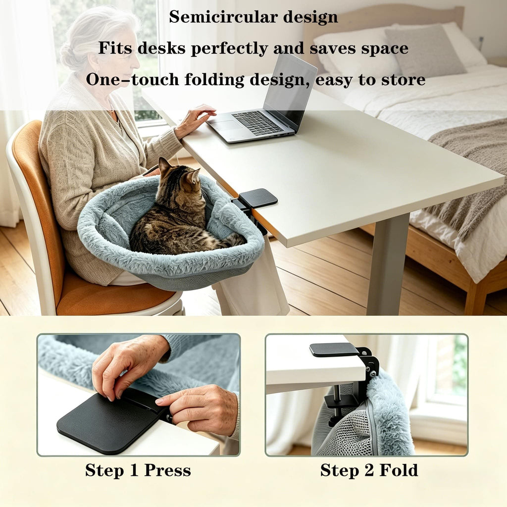 Adjustable Cat Hammock for Desk, Folding Cat Bed with Soft Faux Fur Liner and Breathable Mesh, Clip-On Perch for Office, Gaming, Dining Table – Secure, Cozy Space for Your Feline Friend (Grey)
