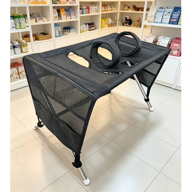 Foldable Pet Grooming Table for Cats and Small Dogs, Multi-functional Care Station with Mesh Bed, Storage Pockets, and Adjustable Restraint Straps for Nail Trimming, Hair Brushing, Bathing, and Ear Cleaning (Beige)