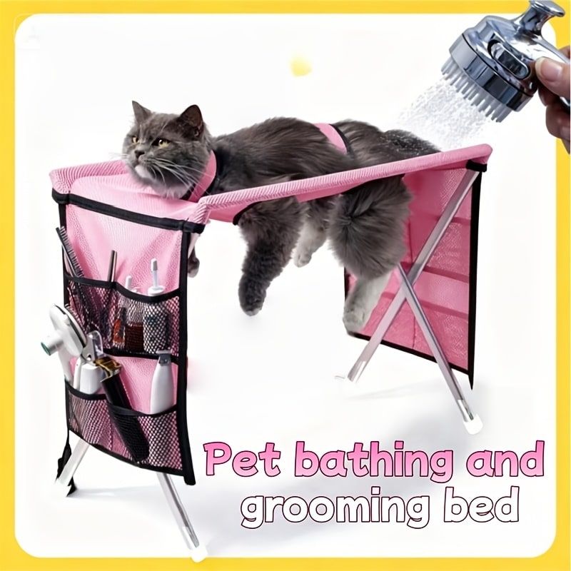 Foldable Pet Grooming Table for Cats and Small Dogs, Multi-functional Care Station with Mesh Bed, Storage Pockets, and Adjustable Restraint Straps for Nail Trimming, Hair Brushing, Bathing, and Ear Cleaning (Beige)
