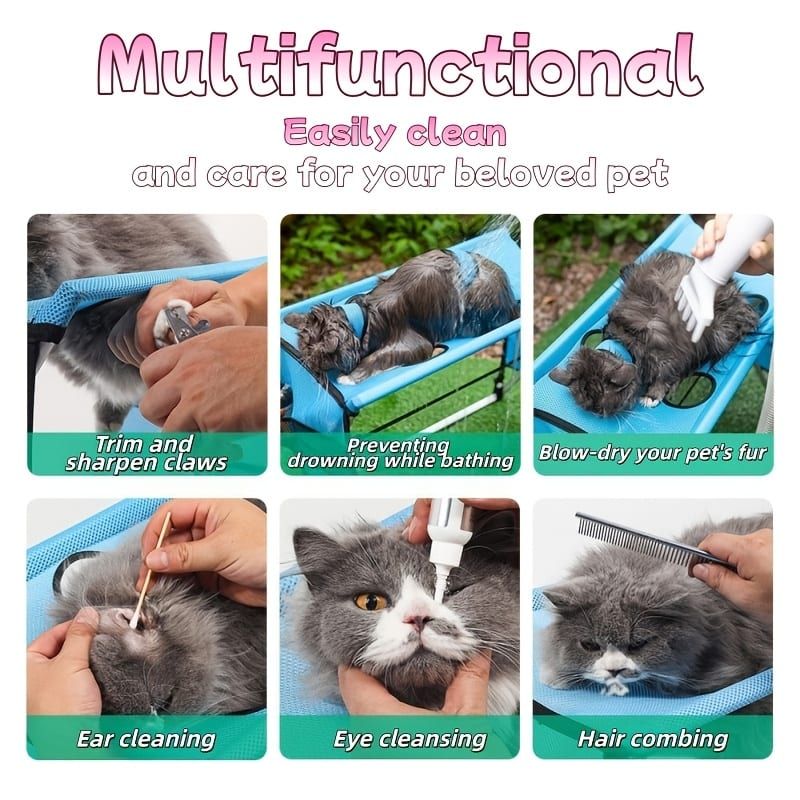 Foldable Pet Grooming Table for Cats and Small Dogs, Multi-functional Care Station with Mesh Bed, Storage Pockets, and Adjustable Restraint Straps for Nail Trimming, Hair Brushing, Bathing, and Ear Cleaning (Beige)