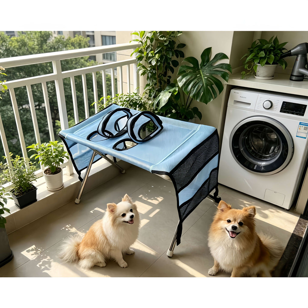 Foldable Pet Grooming Table for Cats and Small Dogs, Multi-functional Care Station with Mesh Bed, Storage Pockets, and Adjustable Restraint Straps for Nail Trimming, Hair Brushing, Bathing, and Ear Cleaning (Beige)