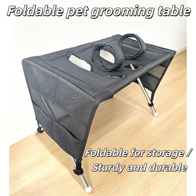 Foldable Pet Grooming Table for Cats and Small Dogs, Multi-functional Care Station with Mesh Bed, Storage Pockets, and Adjustable Restraint Straps for Nail Trimming, Hair Brushing, Bathing, and Ear Cleaning (Black)