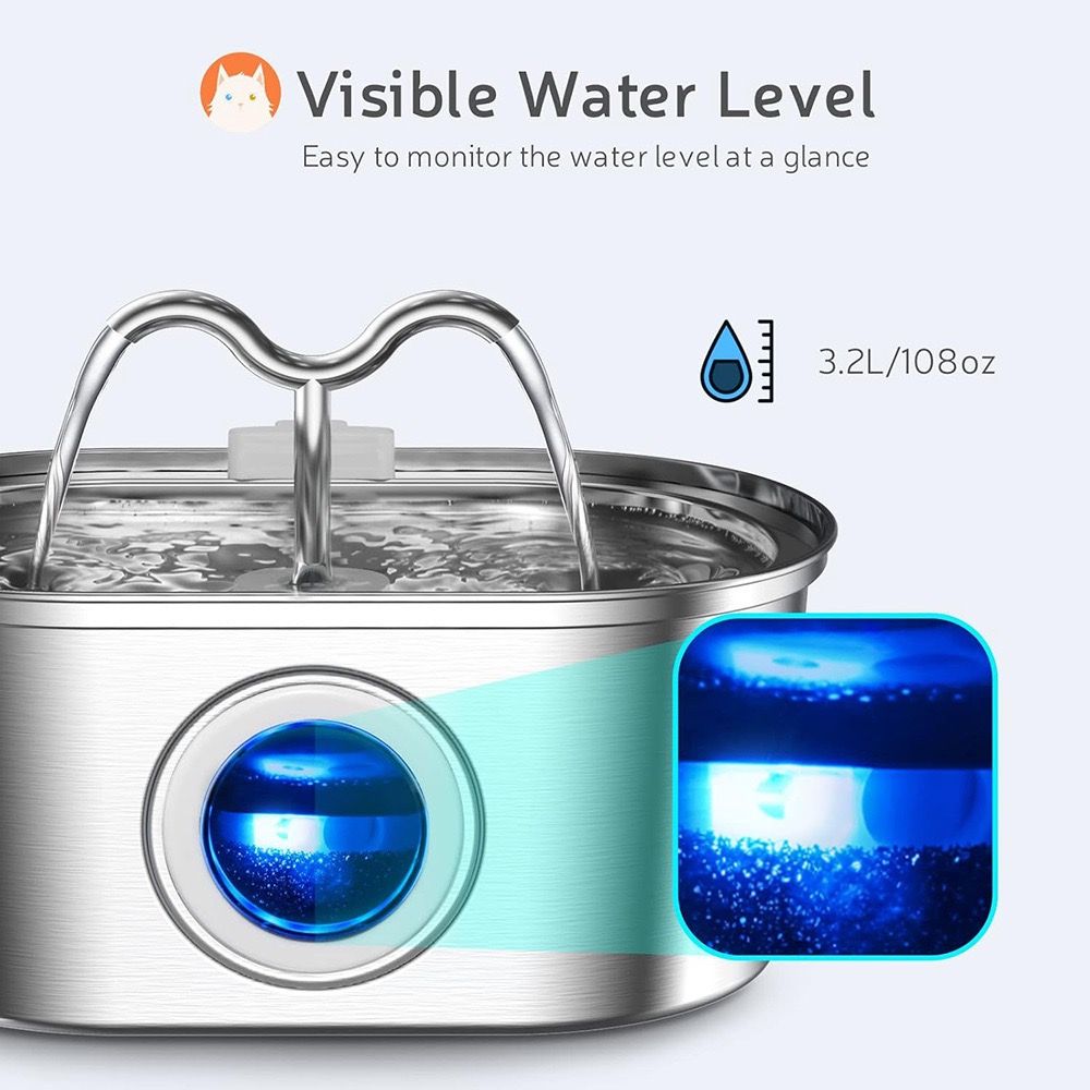 304 Stainless Steel Pet Water Fountain, 3.2L Oval Design with Dual Water Flow, Ultra-Quiet Automatic Circulating Filtered Drinking Station for Cats and Dogs, USB Powered (Adapter Not Included), Dishwasher Safe (A)